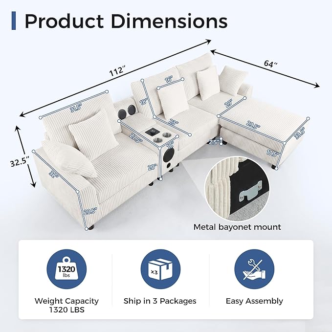 114 Corduroy L-Shaped Sectional Sofa w/Speakers &amp USB Charging Comfy Reclining Deep Seat Couch w/Ottoman Cup Holders for Living Room Home Theater (Beige 114in)