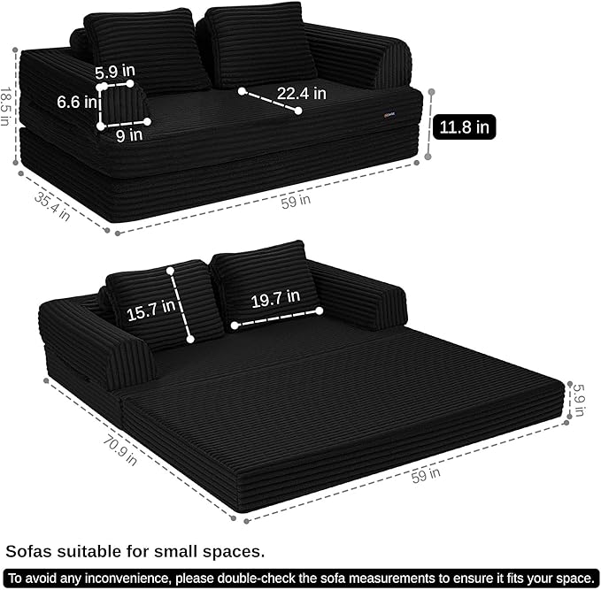 COMAX Convertible Sofa Bed Folding Floor Couch Corduroy Fold Out Couch Bed Futon Sleeper Mattress with Pillows Boneless Sofa Comfy Lounge Loveseat for Living Room Bedroom Plush Black