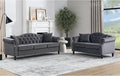 2 Piece Grey Velvet Chesterfield Sofa Set for Living Room79 3 Seater&amp57 Loveseat Sofa SetButton Tufted Nailhead Trimming Curved Backrest Rolled Arms with Black Metal Legs with 4 Pillows
