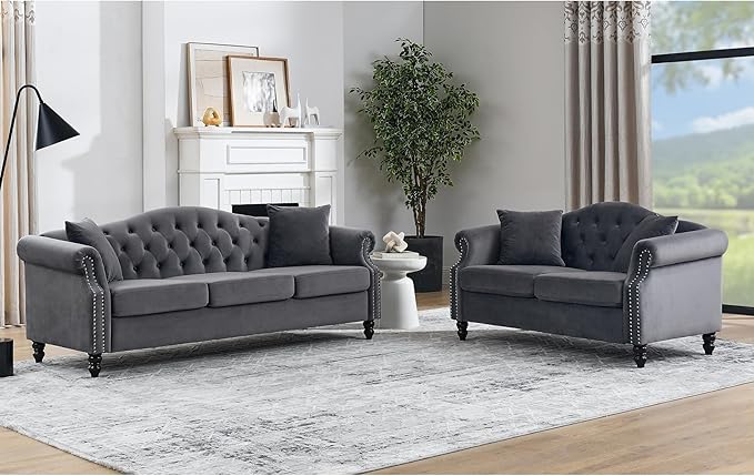 2 Piece Grey Velvet Chesterfield Sofa Set for Living Room79 3 Seater&amp57 Loveseat Sofa SetButton Tufted Nailhead Trimming Curved Backrest Rolled Arms with Black Metal Legs with 4 Pillows