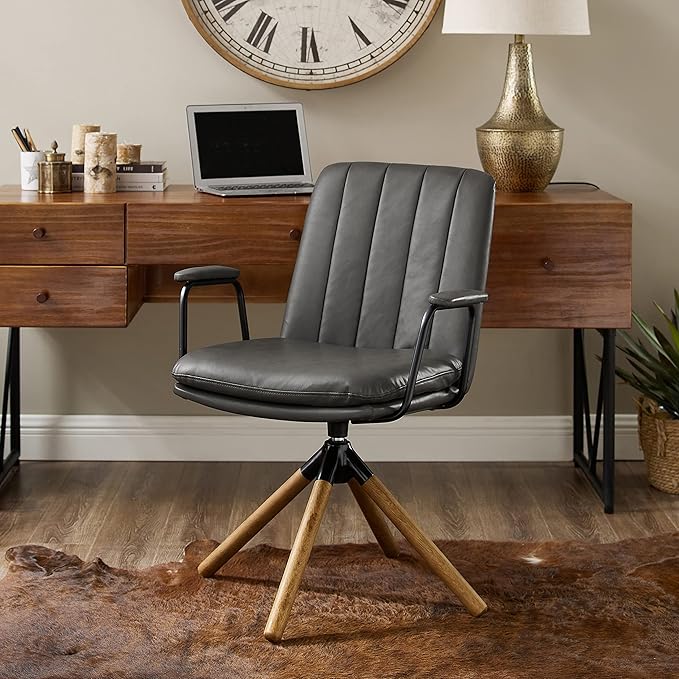 Art Leon Mid Century Modern Chair Oak Legs Swivel Accent Chair No Wheels Faux Leather Armchair for Small Spaces Home Office Living Room Bedroom Gray