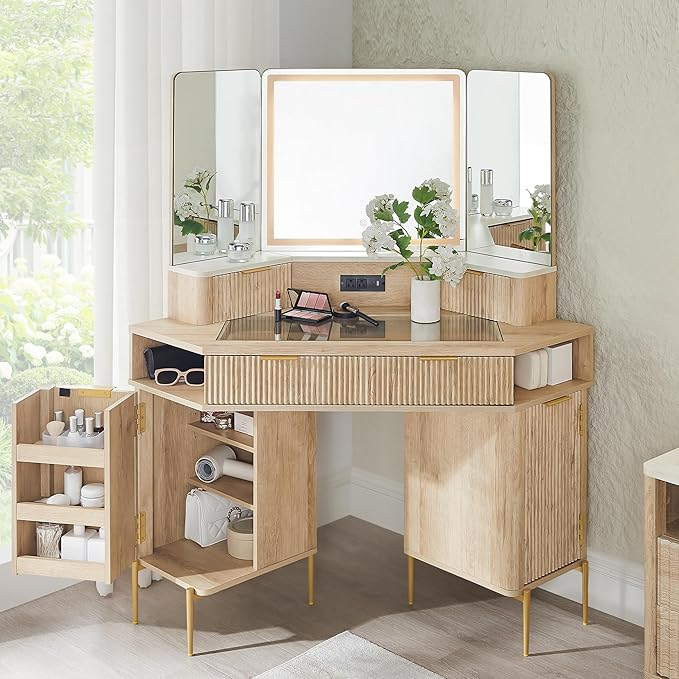 T4TREAM 48 Fluted Makeup Vanity Desk with HD Triple Mirror and Lights Large Lighted Corner Vanity with Glass Top Modern Dressing Table with 3 Drawers &amp 2 Cabinets for Bedroom Natural Oak