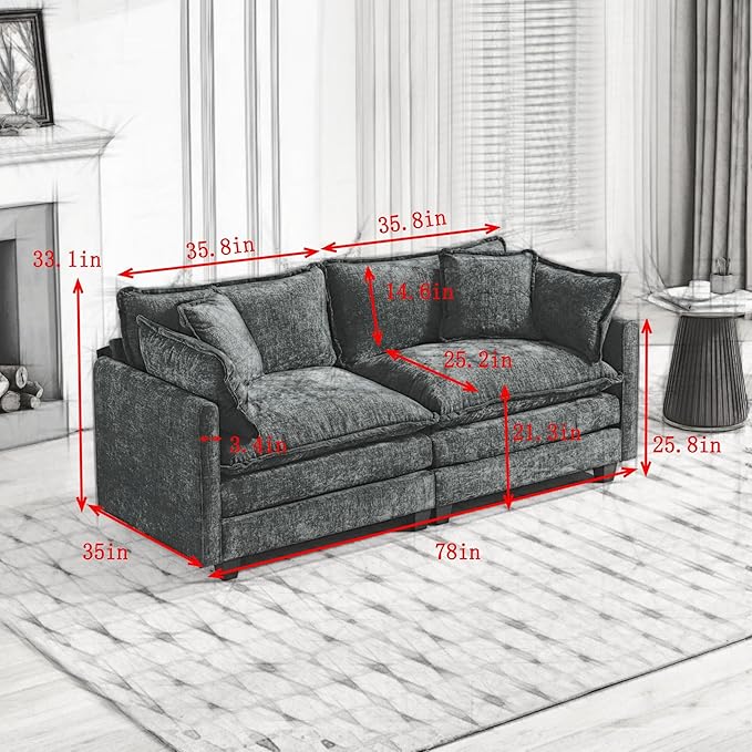 L Shaped Sectional Sofa Cloud Couch for Living Room 78 Chenille Comfy Boucle Modular loveseat Sofa Modern Upholstery Sofas with Ottoman &amp Memory Foam Black