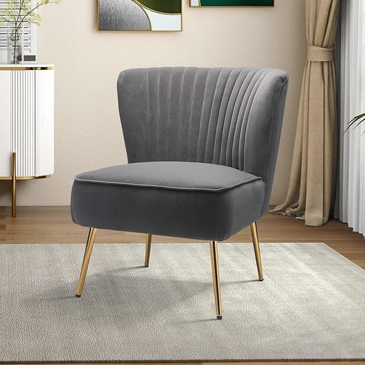 Tina's Home Velvet Armless Accent Chair Upholstered Modern Small Side Chair with Golden Legs Comfy Cute Wingback Slipper Chair for Living Room Study Beauty Room Thickly Padded(Grey)