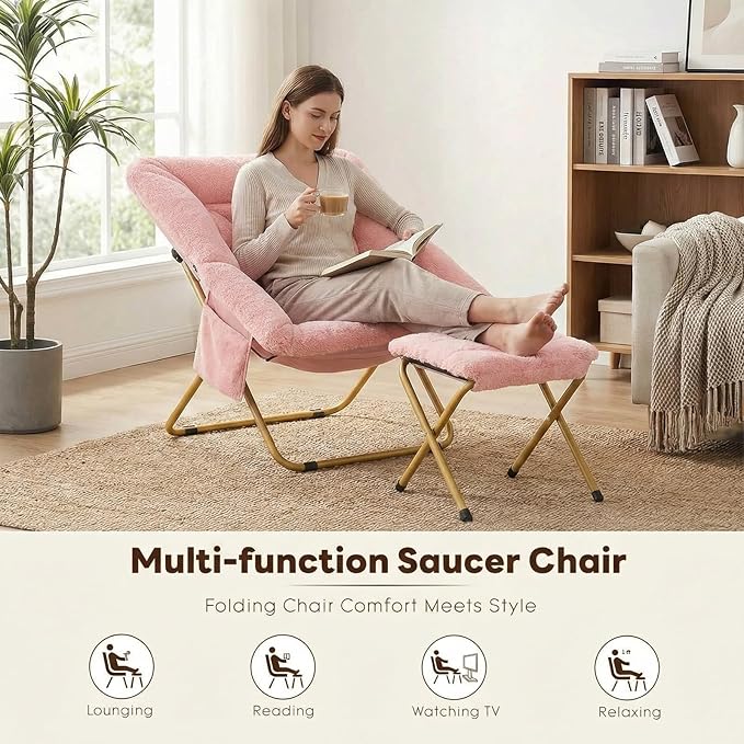 Folding Saucer Chair Comfy Reading Chair with Ottoman Plush Faux Fur Lounge Chair for Small Space Bedroom Dorm Living Room X-Large Lazy Chair for Adults Teens Kids