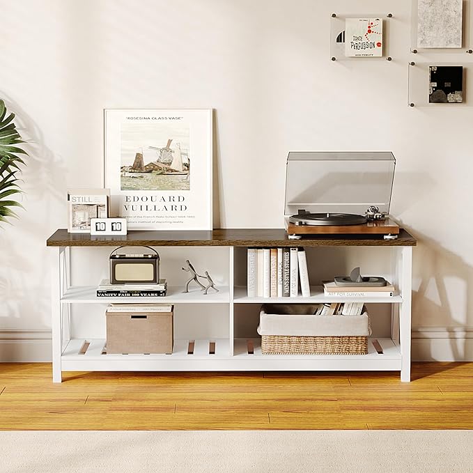 ChooChoo Farmhouse TV Stand for TVs up to 60 Inch Modern Entertainment Center with 4 Open Shelves &amp Built-in Cable Holes Media TV Console for Living Room Bedroom White