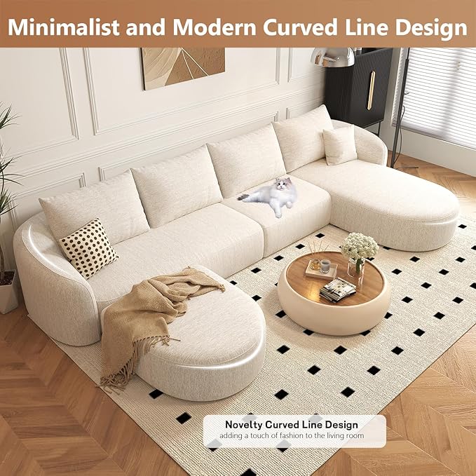138.6 Modular Sectional Couches Luxury Modern Curved Back U-Shape Sofa Set with OttomanMinimalist Comfy Boneless Cloud Couch for Living Room Apartment(Right Facing ChaiseWhite)