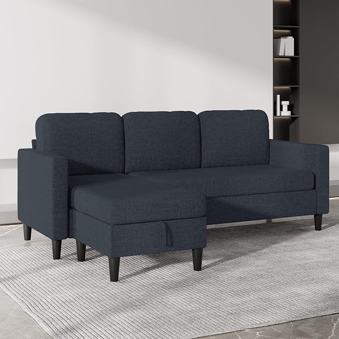 76 Inch L Shaped Sectional Sofa Modern 3 Seater Couch with Storage Ottoman Linen Convertible Sectional L Shape Couches for Living Room Apartment and Small Space