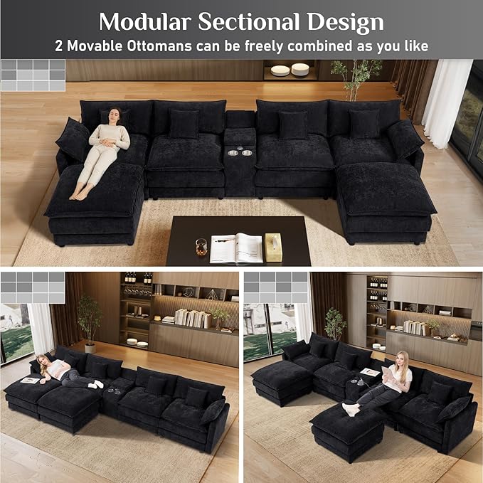 145 Oversized Modular Sectional Sofa U Shaped Cloud Couch Modern 6 Seat Sofa Set for Living Room Comfy Chenille Deep Seat with Storage Central Console Movable Ottomans Cup Holders USB Ports Black