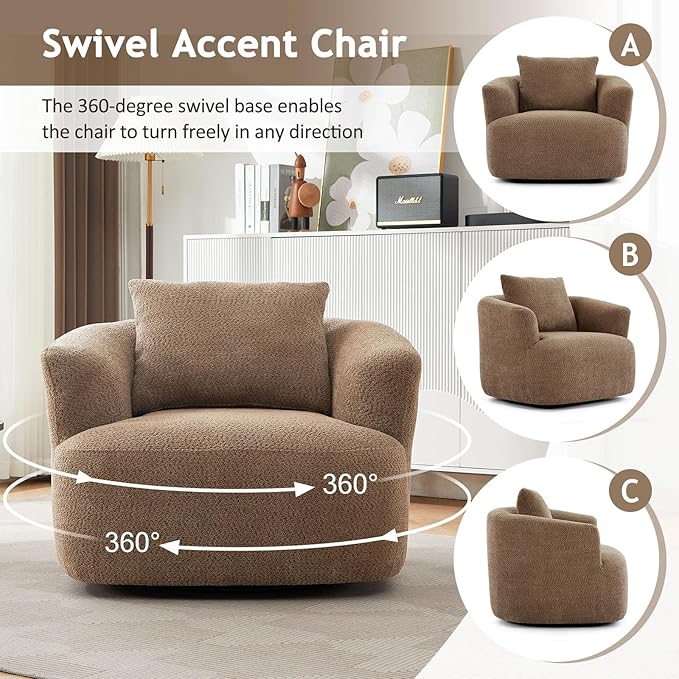 38.2 Swivel Accent Chair Blown Boucle Upholstered Armchair Comfy Single Cloud Sofa Chair with Ergonomic Armrests &amp Throw Pillow for Nursery Living Room &amp Offices(Brown)