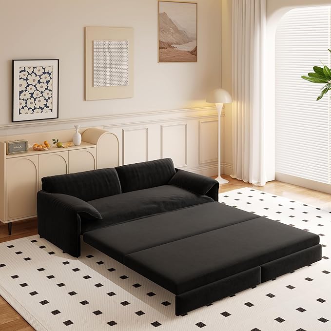 Pull Out Sofa Bed Queen 3 in 1 Convertible Sleeper Sofa Couch with Pullout Bed Comfy Futon Sofa cama moderno Velvet Recliner Loveseat for Living Room Apartment Small Space 66 Black