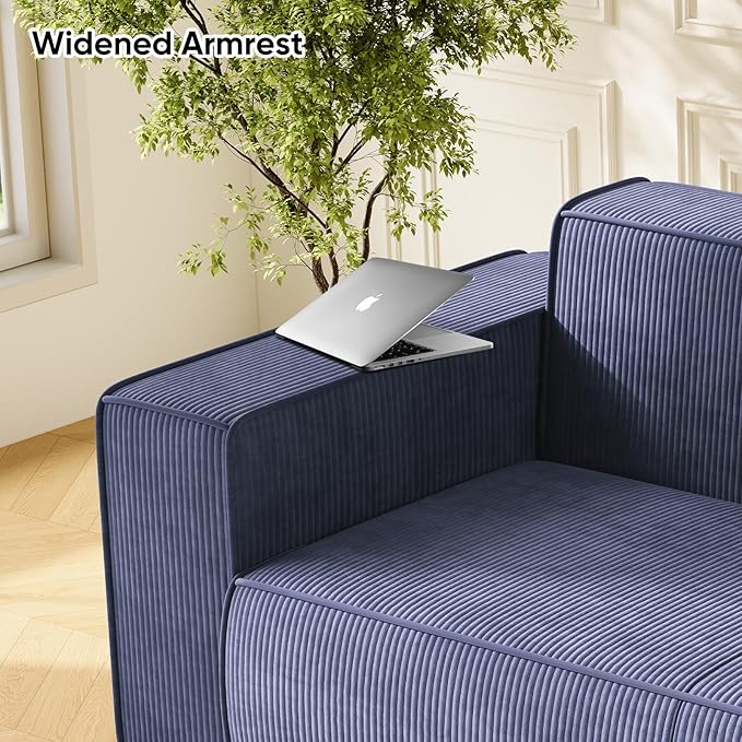 PUREMIND 3 Seater Sofa in a Box 76 Modern Corduroy Sofa Couch with Widen Armrest No Installation Comfy Deep Seat Couches for Living Room Apartment Blue