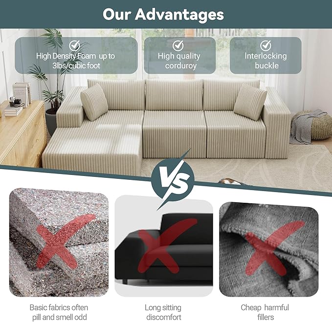 110 Cloud Modular Sectional Sofa with L-Shaped Chaise Deep Seat Fluffy Boneless Couch No Assembly Required for Living Room and BedroomBeige | sofa&ampcouch boneless couch sofa for living room