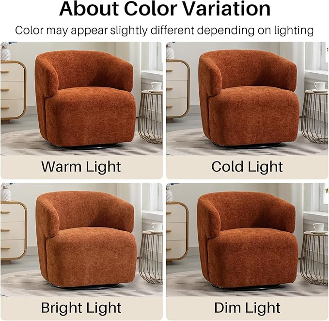 Swivel Accent Chair Chenille Barrel Chair for Living Room Cozy Round Boucle Arm Chair Metal Base for Club Nursery Bedroom Orange