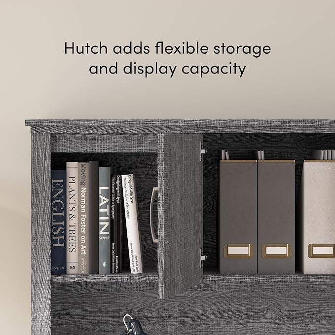 Bestar U or L Shaped Desk with Drawers and Hutch Executive Workstation for Home or Professional Office 66 Inches Logan Collection Bark Grey