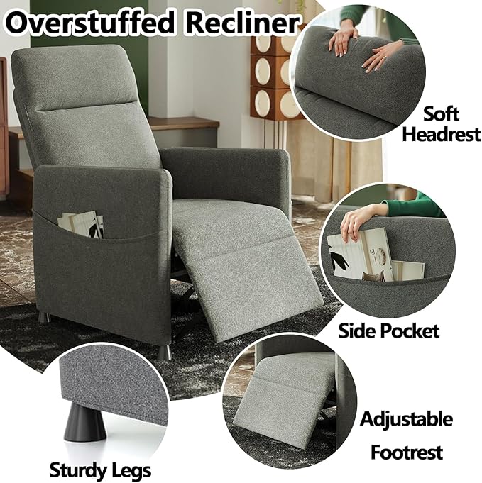 Black Power Recliner Chairs for Adults Lash Chair &amp Lay Flat Recliner for Small Spaces Living Room Bedroom Offices Theater Adjustable Footrest &amp Backrest/Side Pockets/USB (Dark Grey)