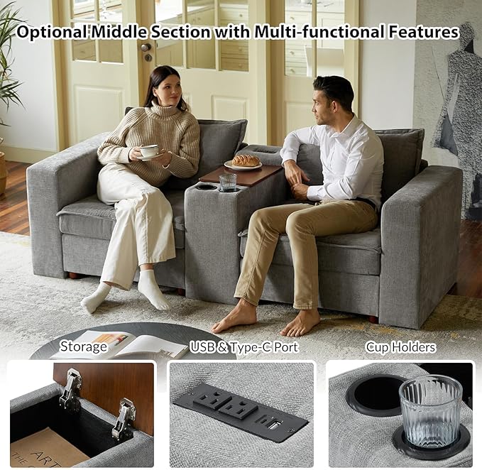 EcoHarbor Living Modular Sofa Center Console with Tabletop &amp Dual Charging Ports Multi-Functional Sectional Organizer tith Cup Holder &amp USB Charger for Customizable Sofa Configurations Grey