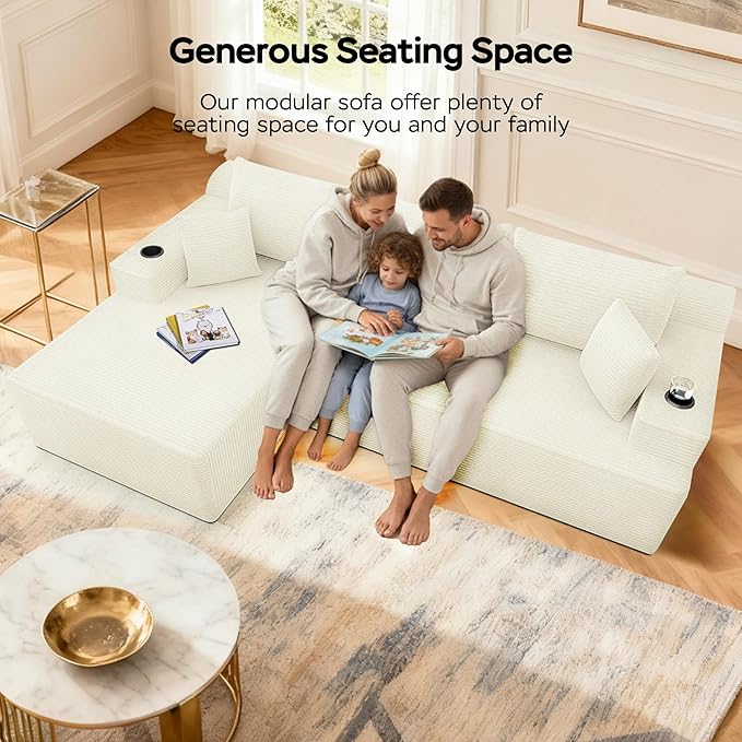 105 Modular Sectional Sofa L-Shaped Couch for Living Room Cloud Sofa with Deep Seat Memory Foam and Oversized Chaise Plush Corduroy Boneless Couches No Assembly Required White