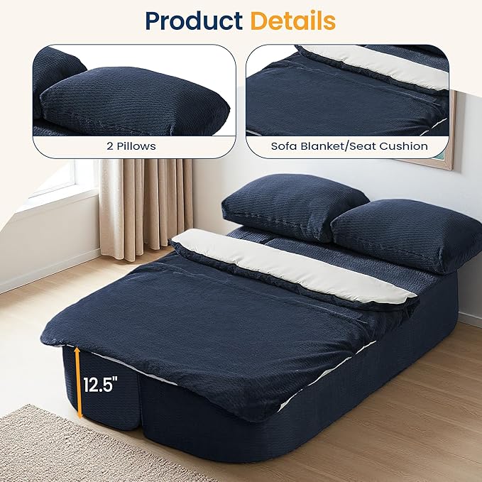 74.8 Inch Convertible Sleeper Sofa Bed Compressed Loveseat Sofa Folding Floor Mattress with Pillows and Blanket Small Couches for Living Room Bedroom Lounge No Assembly Required (Dark Blue)