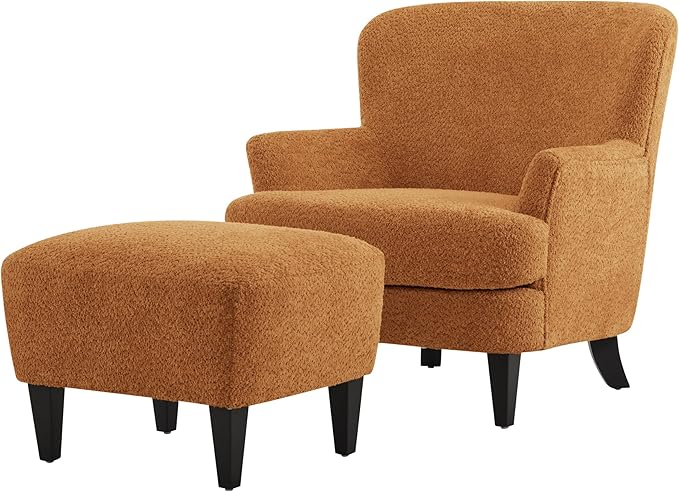 Christopher Knight Home Winnie Boucle Upholstered Wingback Accent Chair and Ottoman Footrest Living Room Lounge Chair and Ottoman Set Bedroom Comfy Reading Chair with Footrest Stool Caramel Orange