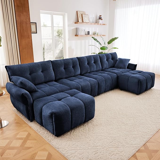 Aoowow Modular Sectional Sofa with Movable Ottoman 141.7” Chenille U Shaped Sofa Couch Upholstered Comfy 4-Seater Couches with Pillows for Living Room Apartment OfficeBlue