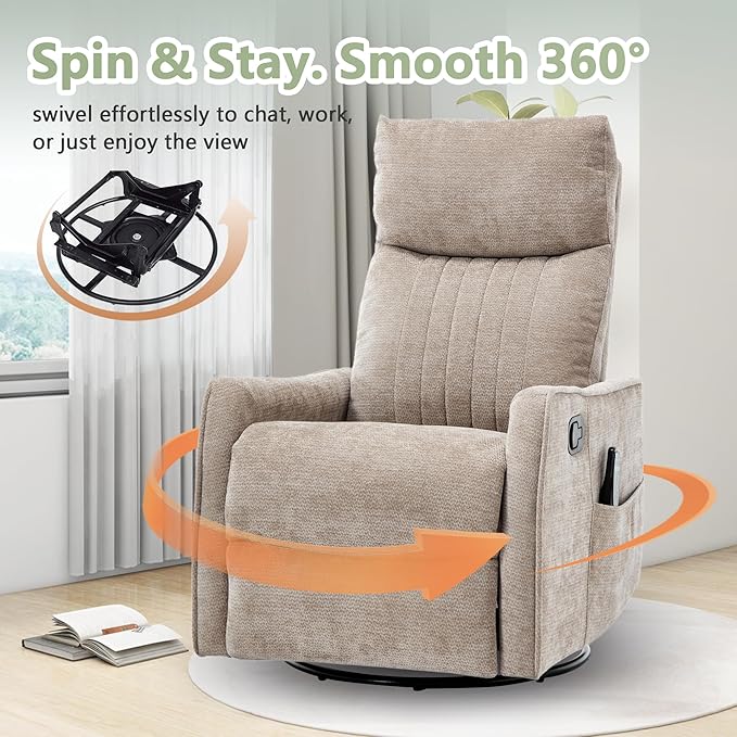 cinkehome Swivel Rocker Recliner Glider Rocker Recliner Chair for Nursery Manual Reclining Chair with Heated Massage Small Spaces Living Room Khaki Chenille