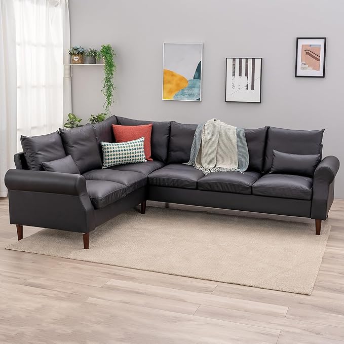 Panana 6 Seater L Shape Corner Upholstered Sofa Couch Artificial Leather L Shaped Corner Sectional Loveseat Ottoman Modern Living Room Sofa (Black Faux Leather 6 Seater L Shape Corner Sofa)