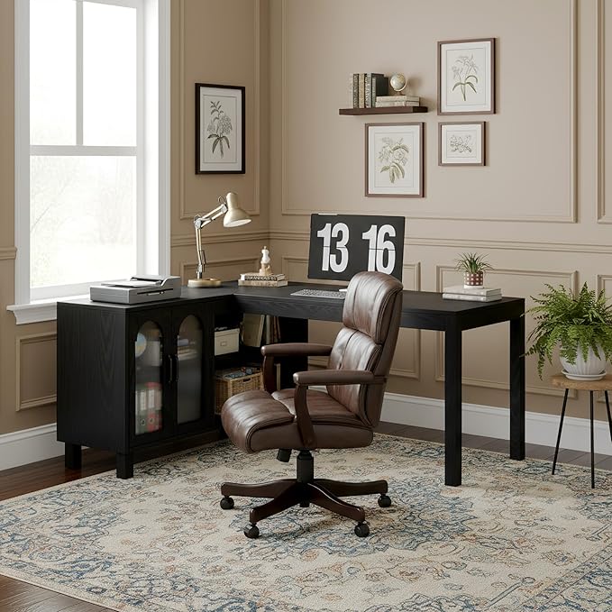 Tribesigns 59 L Shaped Desk with File Cabinet Executive Office Desk with Storage Shelves Modern Wood Computer Desk Coner Writting Desk for Home Office Work Study (Black)