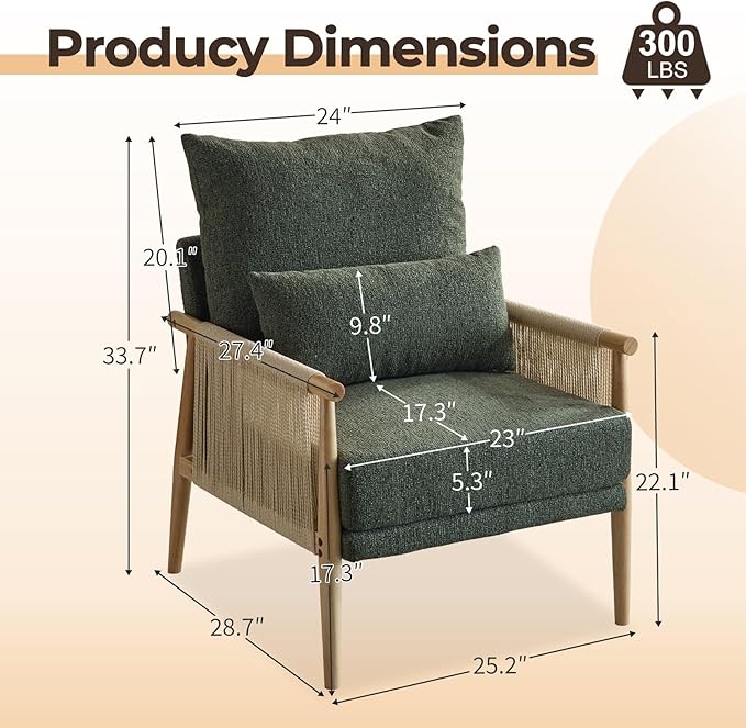 Karl home Cozy Chenille Accent Chair with Lumbar Pillow &amp Rattan Arms Modern Lounge Chair for Living Room Bedroom Reading Nook Green
