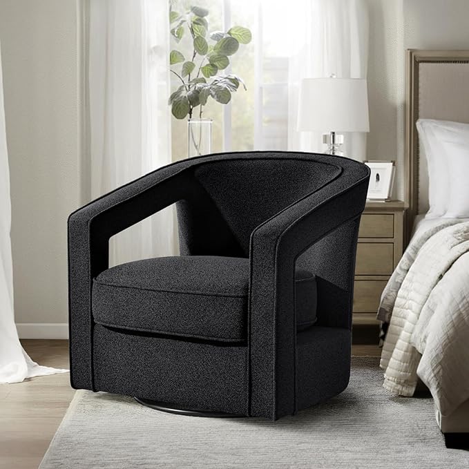 Furniliving Chenille Swivel Accent Chair for Living Room Upholstered Barrel Chair with Curved Back Comfortable Reading Chair for Bedroom Balcany Home Office Black Set of 2