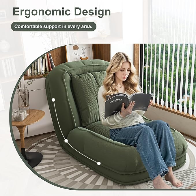 Montary Multifunctional Foldable Lazy Sofa Bed - 5-Position Ergonomic Design with 2 Soft Pillows Shared Lounger for Adults &amp Pets for Living Room Bedroom and Reading Nook (Green)