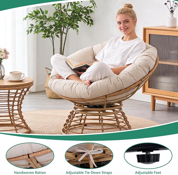 43 Ergonomic 360° Swivel Papasan Chair Wicker Round Chair with Thick Cushion Lounge Chair for Living Room Bedroom Reading Nook Indoor Outdoor Use Light Gray Cloud &amp Yellow Frame