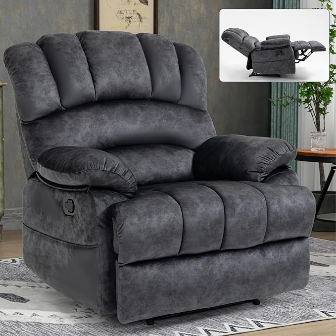 Large Manual Recliner Chair for Living Room Oversized Fabric Reclining Chair with Pillow Top Arms Cushion Back and Smooth Lever Control Heavy-Duty Metal Frame (Gray)