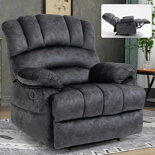 Large Manual Recliner Chair for Living Room Oversized Fabric Reclining Chair with Pillow Top Arms Cushion Back and Smooth Lever Control Heavy-Duty Metal Frame (Gray)