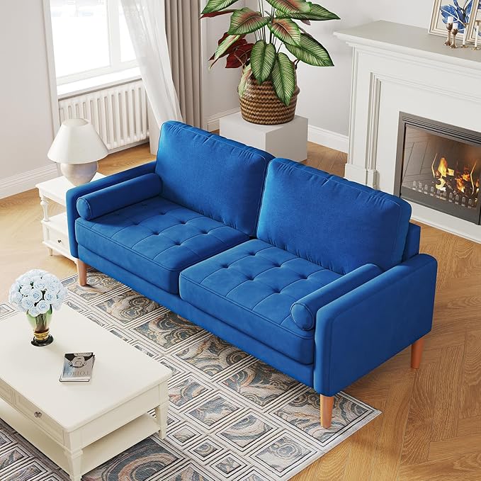 67 W Modern Velvet Loveseat Sofa Mid Century Modern Decor Love Seat Couches for Living Room Button Tufted Upholstered Small Couch for Bedroom Easy to Install Love Seats Furniture (Blue)