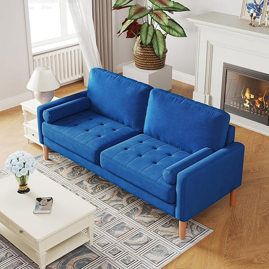 67 W Modern Velvet Loveseat Sofa Mid Century Modern Decor Love Seat Couches for Living Room Button Tufted Upholstered Small Couch for Bedroom Easy to Install Love Seats Furniture (Blue)