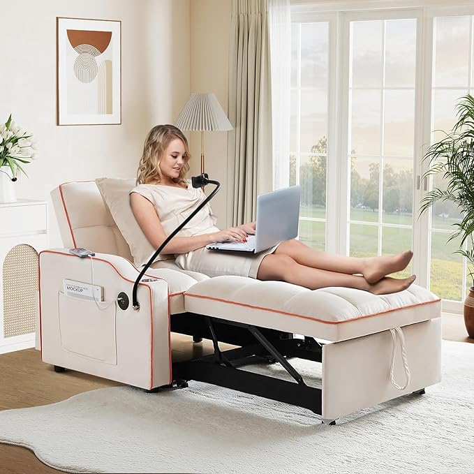 Convertible Sleeper Chair Sofa Bed3 in 1 Velvet Tufted Pull Out Couch with Swivel Phone Holder &amp USB PortsFuton Small Couch Bed w Cup Holders &amp Adjustable Backrest for Living RoomSmall Plac