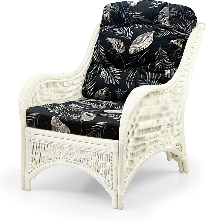 Wickerix Jam Lounge Living Accent Armchair Natural Rattan Wicker Handmade Design White Color with Black Leaf Cushion