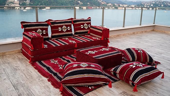 arabicsofa Maroon Turkish Low Floor Seating Sofa – Traditional Arabic Majlis Cushions