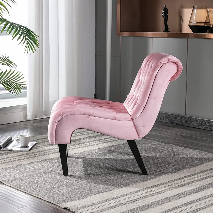 Yoluckea Modern Upholstered Accent Chair S-Shape Armless Lounge Chair for Bedroom Living Room Comfy Velvet Chaise Chairs with Button Tufted Back and Solid Wood Legs Pink