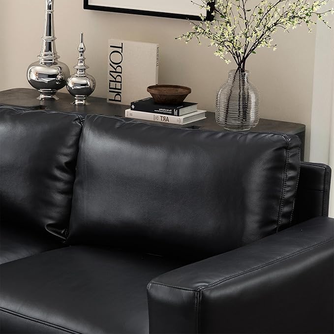 Mid-Century Modern Sofa with Movable Ottoman PU Leather U-Shaped Couch with Solid Wood Legs Comfy Modular Sectional Sofa Upholstered Cozy Couch for Living Room Bedroom Apartment(104W Black)