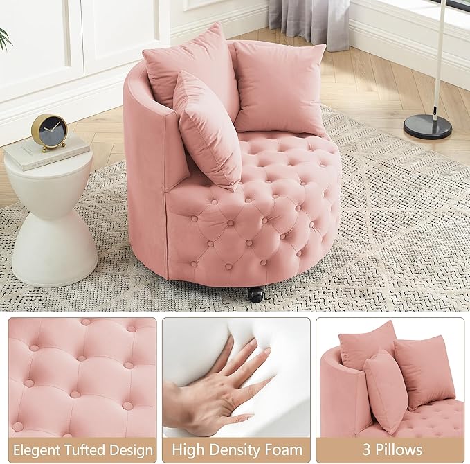 GNIXUU Swivel Barrel Accent Chair 30” Modern Velvet Round Sofa Chair with 3 Pillows and Wheels Comfy Tufted Club Lounge Chair for Living Room Bedroom(Pink).