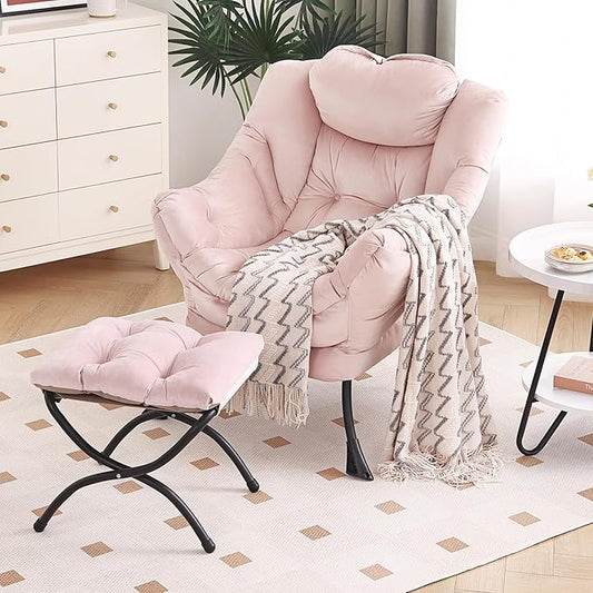 Lazy Chair with Ottoman Modern Chair with Folding Footrest Lounge Accent Chair Comfortable Reading Chair Oversized Armchairs for Bedroom Study Living Room Courtyard (Pink)