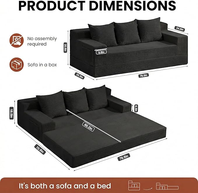 Boneless Couch 78 Inch 2 in 1 Convertible Sofa Bed Corduroy 3 Seater Fold Out Couch Oversize Boneless Loveseat Sleeper Sofa with 3 Pillows for Living Room Bedroom &amp Apartment