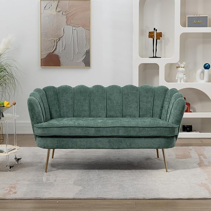 59 Wide Modern Boucle Loveseat Small Sofa Small Mini Room Couch 2-Seater Sofa with Gold Metal Legs for Space Office Studio Apartment Bedroom (Green)