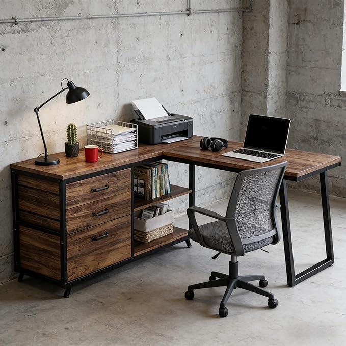 Computer Desk with 5 Drawers 47 Inch Reversible L-Shaped Executive Office Desk with File Storage Drawers Industrial Study Writing Table Corner Desk for Home Office (Rustic Brown)