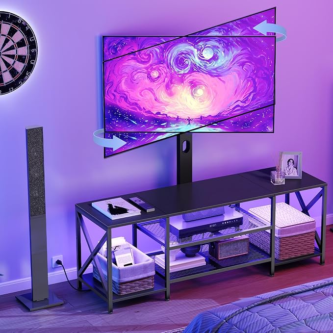 HOOBRO TV Stand with Mount and Power Outlet LED Entertainment Center with Swivel TV Mount for 32/45/55/60/65/70/75 inch TVs TV Cabinet with 3-Tier Storage for Living Room Bedroom Black BB46UDDS01