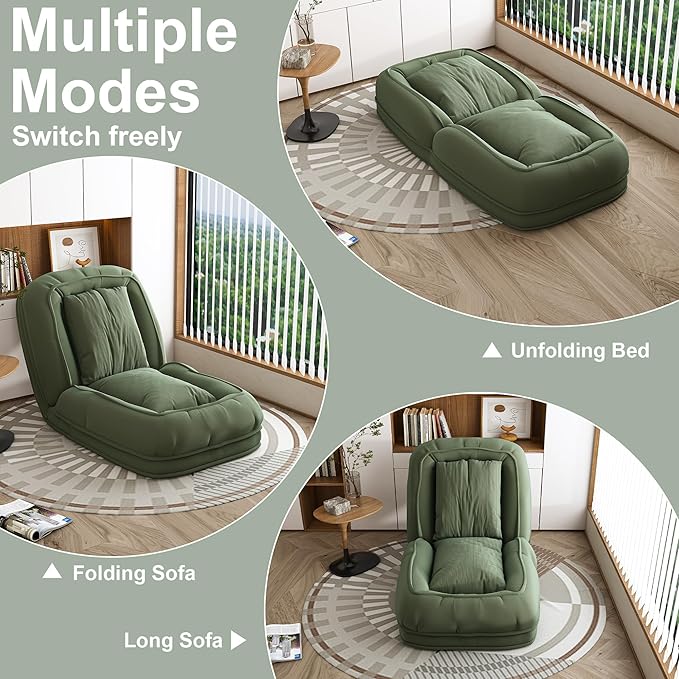 Montary Multifunctional Foldable Lazy Sofa Bed - 5-Position Ergonomic Design with 2 Soft Pillows Shared Lounger for Adults &amp Pets for Living Room Bedroom and Reading Nook (Green)