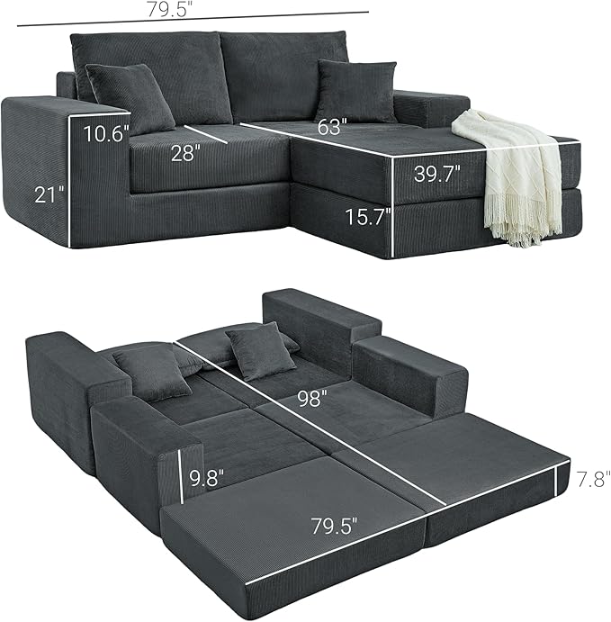Boneless Couches for Living Room Modern Corduroy Couch Convertible Sleeper Sofa Folding Sofa Bed Mattress Couch for Bedroom Small Spaces - No Assembly Needed in Grey