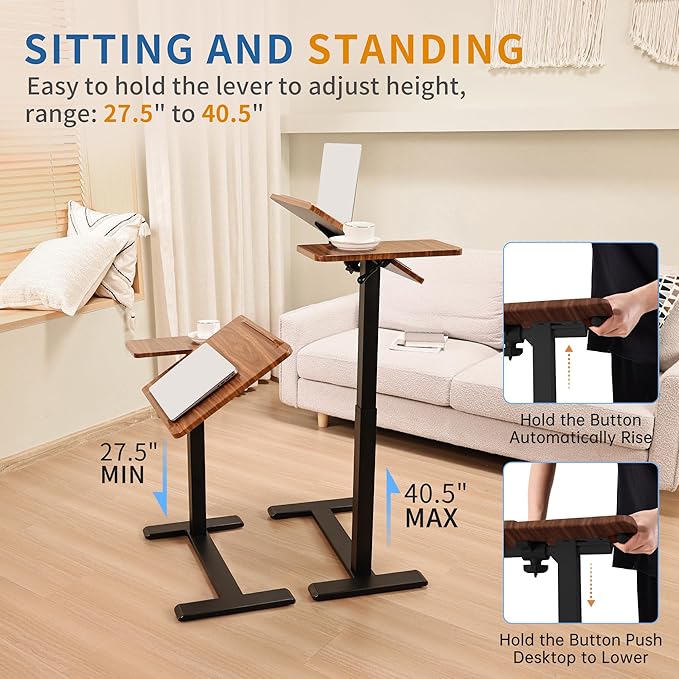 Adjustable Overbed Bedside Table with Hidden Wheels Pneumatic Tilt Board Rolling Laptop Standing Desk Cart Mobile Over Bed Sofa Chair Side End Tables Walnut (Walnut)